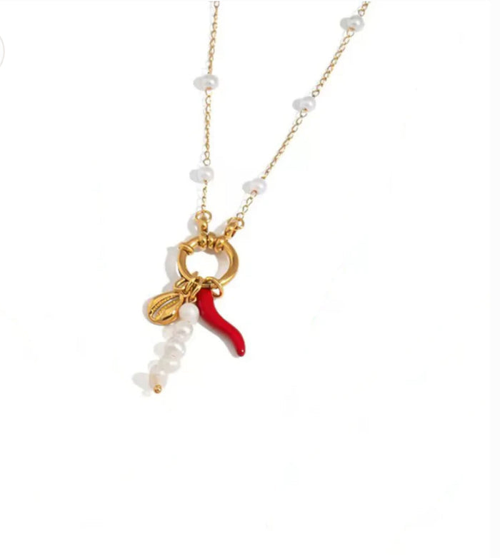 Pearl red chilli & shell necklace